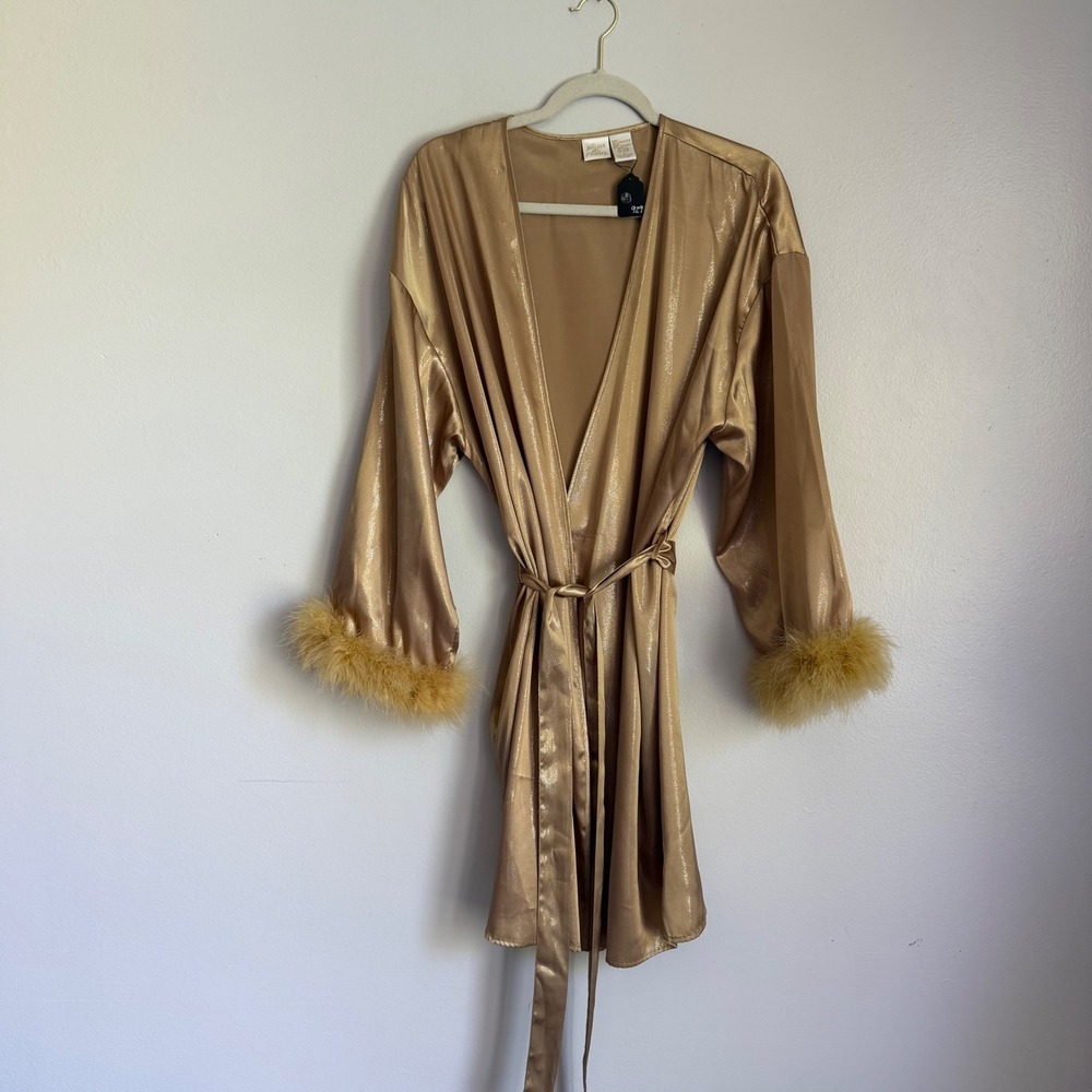 Vintage Gilligan & O'Malley Gold Metallic Shimmer Feather Trim Robe L Belted